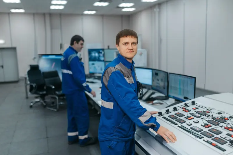 Engineer at a control desk in a plant control room, with a colleague at the monitors behind