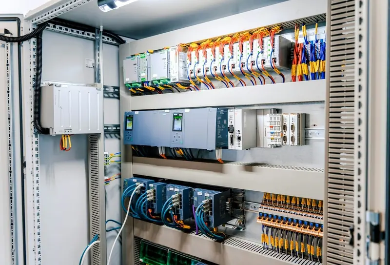 Wired control panel with breakers, relays and a PLC on DIN rail