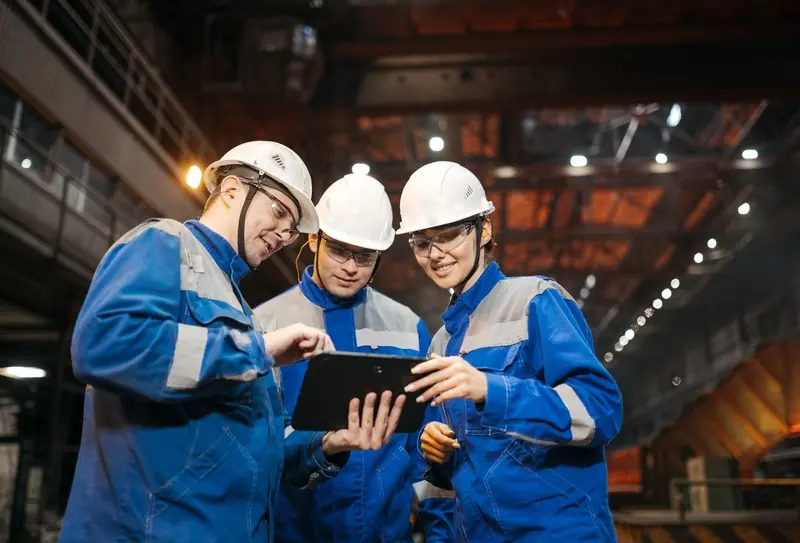 Three engineers in hard hats reviewing a project on a tablet in a plant
