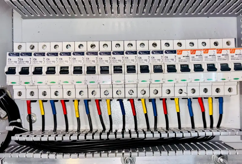 Row of miniature circuit breakers in a distribution board